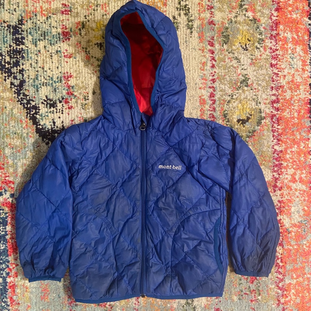 Montbell kids reversible puffer jacket - size 100 (similar to a 2/3) - red/blue